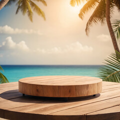 Empty wooden round platform on the table top with tropical beach background - obrazy, fototapety, plakaty