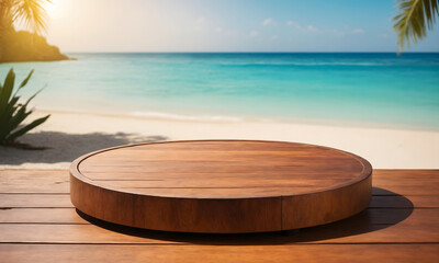 Empty wooden round platform on the table top with tropical beach background