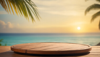 Empty wooden round platform on the table top with tropical beach background