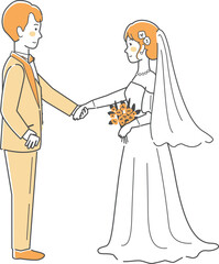 結婚式イラスト、向かい合って手を取る新郎新婦