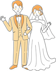 結婚式イラスト、手を挙げる新郎新婦