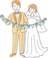 結婚式イラスト、ガーランドを持つ新郎新婦
