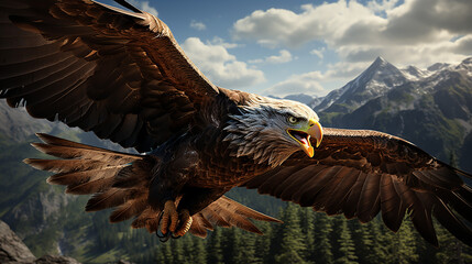 Wei&szlig;kopfseeadler auf einem Ast in den Bergen. 3d Rendering.