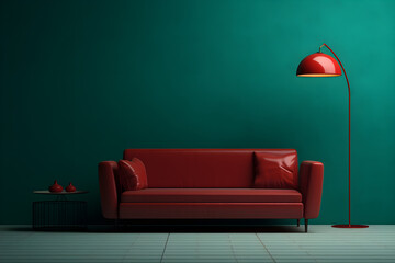 Modern living room red sofa and red lamps in a room with teal wall, in the style minimal of dark teal and dark green, earthy color palettes