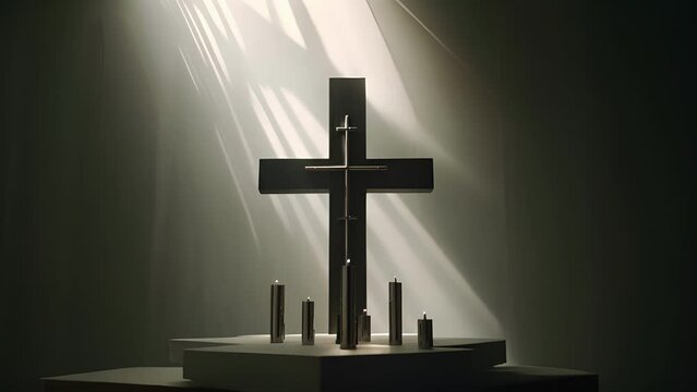 A black and white image of a cross, with its sharp edges and shadows, engulfed by the soft, amber light of several candles.