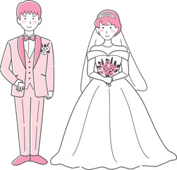 結婚式イラスト、正面を向いて並ぶ新郎新婦