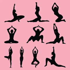 Woman various Yoga Poses Silhouette Set