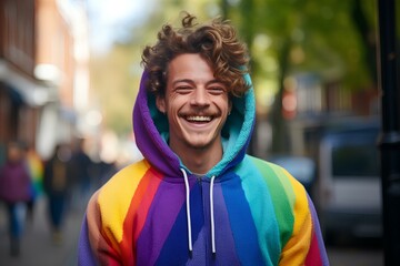man is in a rainbow hoodie moving and smile, movement and spontaneity, london street background. generative AI - obrazy, fototapety, plakaty