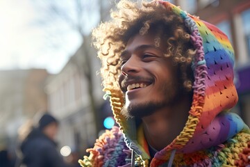 man is in a rainbow hoodie moving and smile, movement and spontaneity, london street background....