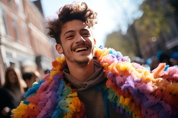 man is in a rainbow hoodie moving and smile, movement and spontaneity, london street background. generative AI - obrazy, fototapety, plakaty