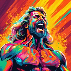 Muscular man in psychedelic colors shouting to symbolize triumph and glory