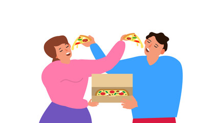 couple man and woman eat tasty pizza together vector illustration