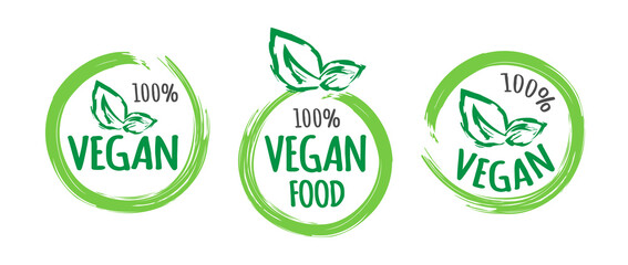 vegan food green round logo set icon label vector illustration
