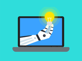 robot hand with lightbulb laptop creative idea start up ai technology vector illustration