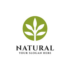 Natural logo, Green plant with geometric circle label, for natural and fresh product, vegan vegetarian, healthy food logo concept.
