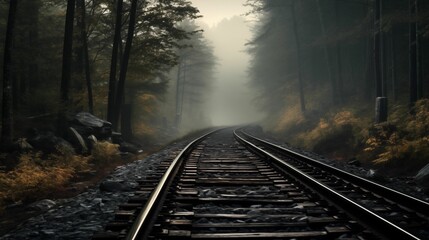 Image of railway tracks, mist-covered forest.