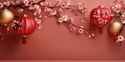 3d chinese golden and red lanterns with fan background and pink cherry blossom branch on a red background with big copyspace area