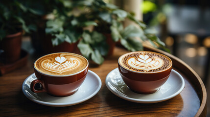 Two cups of tasty cappuccino with latte art on wooden table background in cafe