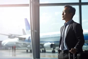 Fotobehang Middle aged Asian man waits for the boarding announcement for his flight while watching planes land and take off through a large panoramic window in the airport terminal. © Stavros
