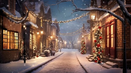 Fototapeta na wymiar Image of gentle snowfall on a cozy street adorned with twinkling Christmas lights.
