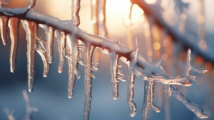 Image of icicles forming on branches. - obrazy, fototapety, plakaty