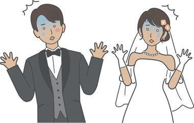 結婚式イラスト、両手を広げて驚愕して悲しむ新郎新婦