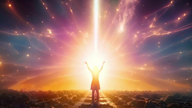 An elven mage stands in a multicolored spotlight their hands raised in concentration as sparks of light rearrange an invisible field of molecules.