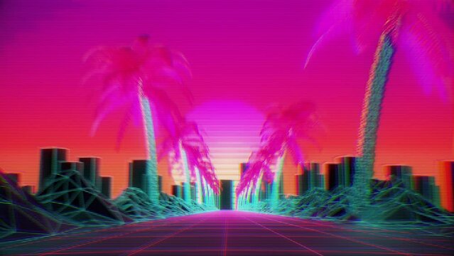 Retro Distortion VHS Synthwave  Palm Tree Sunset Driving Loop