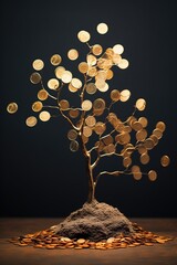 Gold coins grows on a small tree. Conceptual growth of wealth still life.