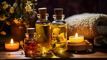 Obraz na płótnie Canvas Massage oils on a wooden tableMassage oils on a wooden table