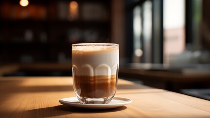 hot, fresh coffee in a cozy, sunny latte coffee put on table in cafe restaurant, drink breakfast in the morning milk latte with coffee foam in glass mug with ingredients free copy space