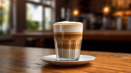 hot, fresh coffee in a cozy, sunny latte coffee put on table in cafe restaurant, drink breakfast in the morning milk latte with coffee foam in glass mug with ingredients free copy space