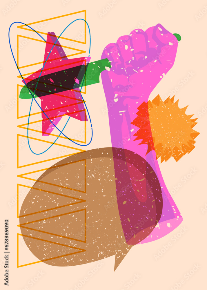 Poster risograph kitchen knife in hand with speech bubble and geometric shapes. scary murderer object in tr