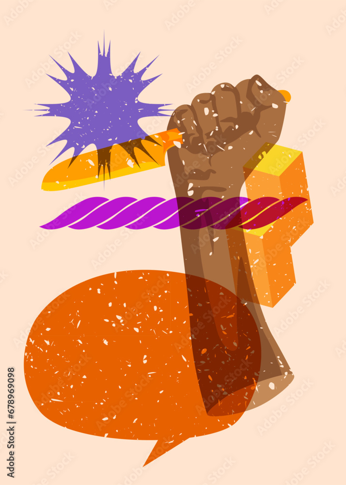Poster risograph kitchen knife in hand with speech bubble and geometric shapes. scary murderer object in tr