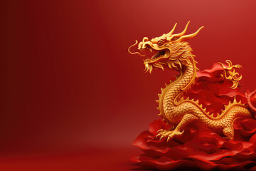 Chinese New Year red background with 3d glowing gold dragon with large copyspace area - obrazy, fototapety, plakaty