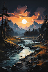 Painting of a sundown scene with a river, trees and mountains © Martin Rettenberger