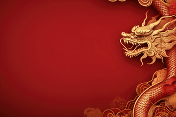 Chinese New Year red background with gold dragon with large copyspace area