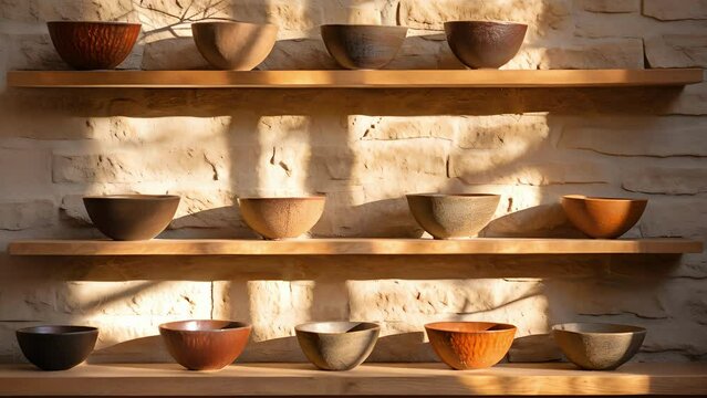 Against a weathered stone wall, a collection of handmade ceramic bowls is displayed on an antique wooden shelf. The warm afternoon light illuminates the intricate patterns