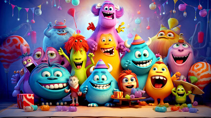 Obraz premium CHRISTMAS CARD WITH HAPPY, FUNNY, CARTOON MONSTERS, legal AI 