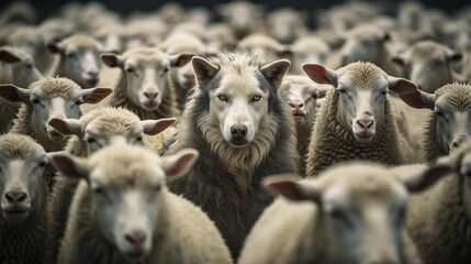 Image of a wolf among sheep. Wolf in sheep's clothing. - obrazy, fototapety, plakaty