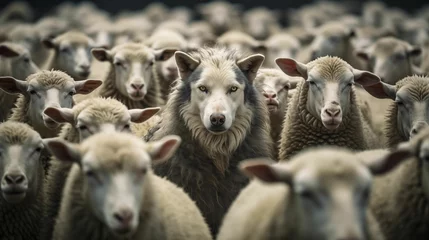 Selbstklebende Fototapeten Image of a wolf among sheep. Wolf in sheep's clothing. © kept