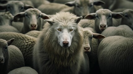 Fototapeta premium Image of a wolf among sheep. Wolf in sheep's clothing.