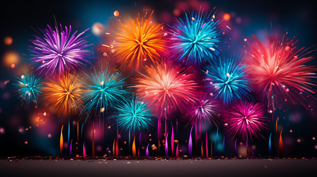 fireworks over the city HD 8K wallpaper Stock Photographic Image