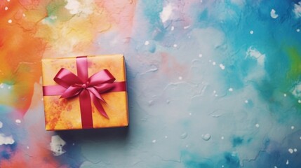 Top view of Happy New Year gift box on colorful watercolor background