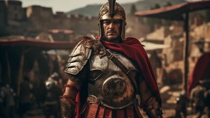 Image of a Roman legionnaire in full armor. - obrazy, fototapety, plakaty
