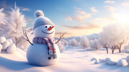 可愛い雪だるまと銀世界の3Dイラスト - obrazy, fototapety, plakaty