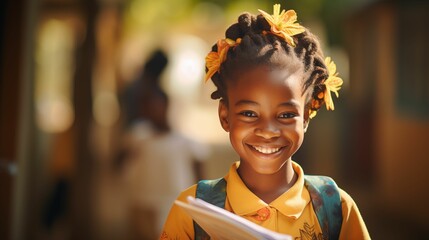 Image of a day in the life of a happy African elementary schoolgirl.