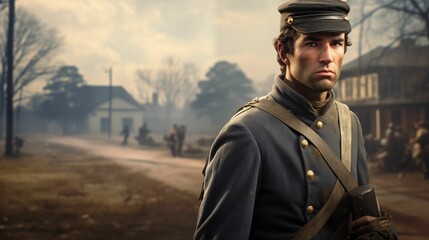 Image of a historical soldier in an authentic Civil War uniform. - obrazy, fototapety, plakaty