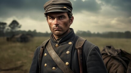 Image of a historical soldier in an authentic Civil War uniform. - obrazy, fototapety, plakaty