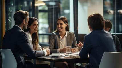 Smiling businesspeople having a discussion in an office - obrazy, fototapety, plakaty